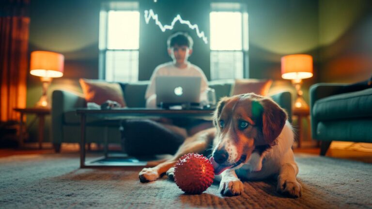 Illustration of a shopper using a £0 browser extension that finds post-purchase price drops while a dog calmly licks a frozen Kong toy