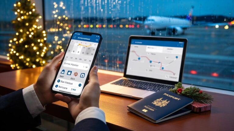 Illustration of a UK traveller using a £0 flight comparison tool to save £280 on Christmas flights