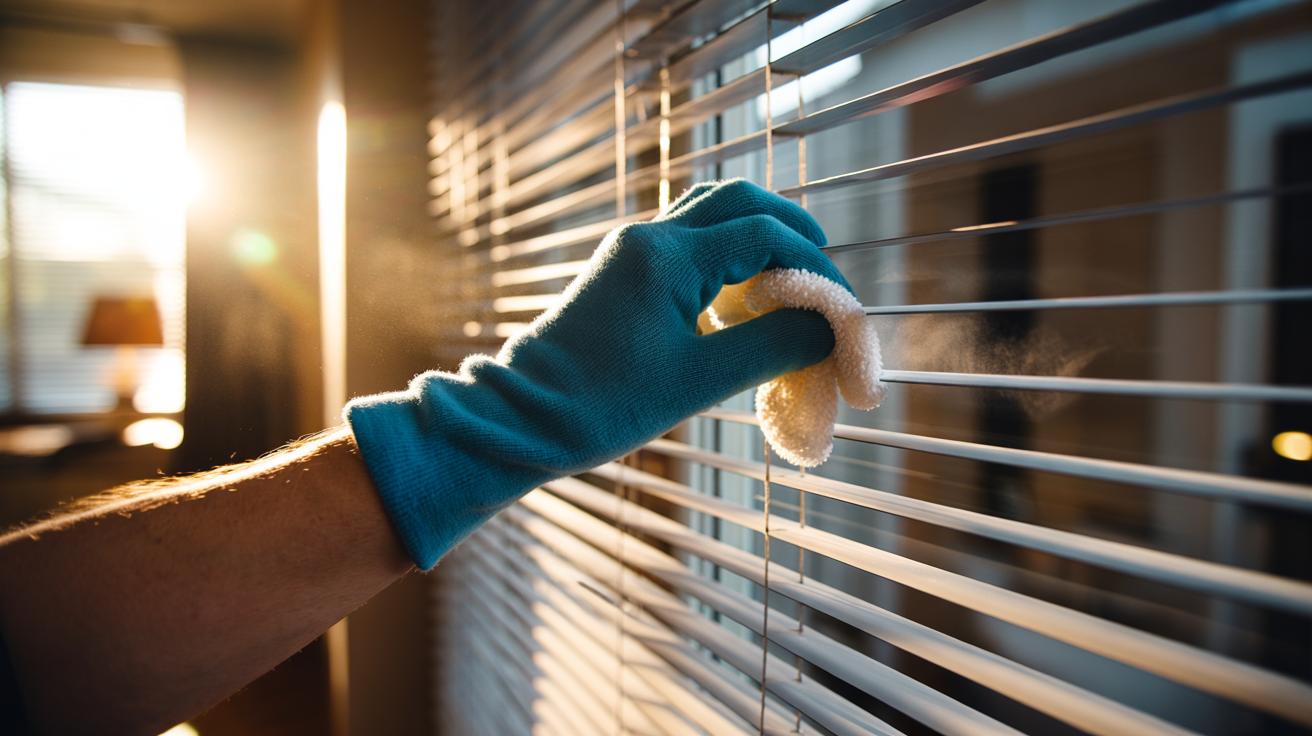 Illustration of a hand wearing a microfibre sock dusting venetian blind slats