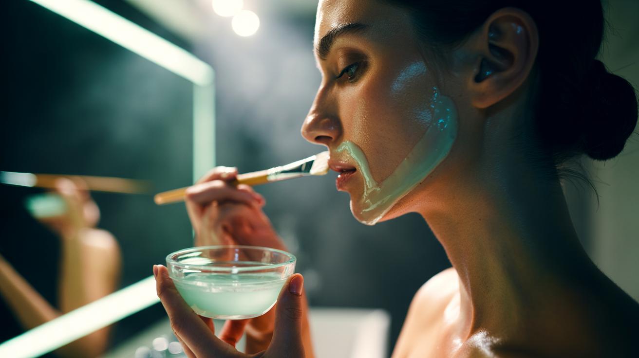 Illustration of a person applying a one-tablespoon unflavoured gelatin face mask along the jawline for temporary tightening
