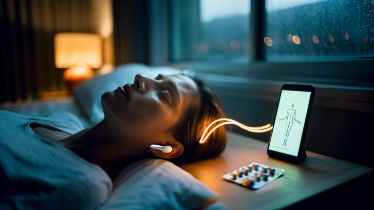 Illustration of a person lying in bed at night, listening to a 10-minute body scan audio on a smartphone to fall asleep without pills