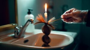 Illustration of the 10-second candle trick, a small flame passed along a twisted hair section to singe flyaway split ends for a temporary smoothing effect.