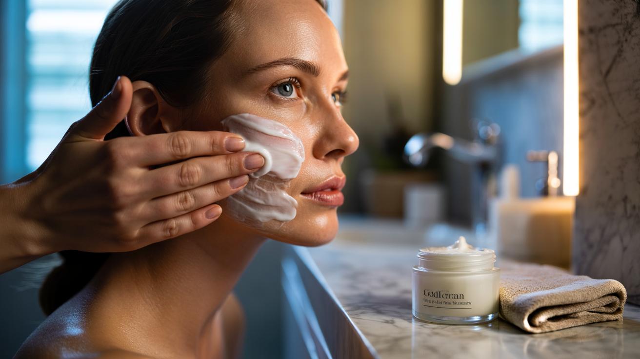 Illustration of an esthetician massaging cold cream on dry skin for a 10-second cleanse that removes make-up and sunscreen