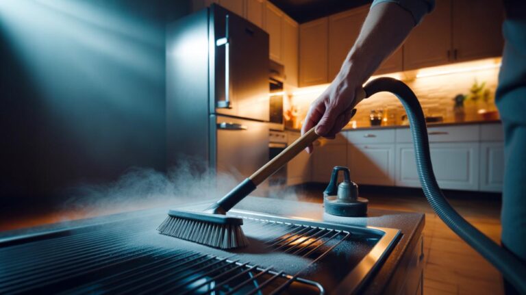 Illustration of a hand using a long fridge coil brush to clean dusty condenser coils behind a refrigerator to save energy and cut electricity bills