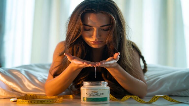 Illustration of coconut oil being applied to hair ends to prevent split ends and promote faster growth