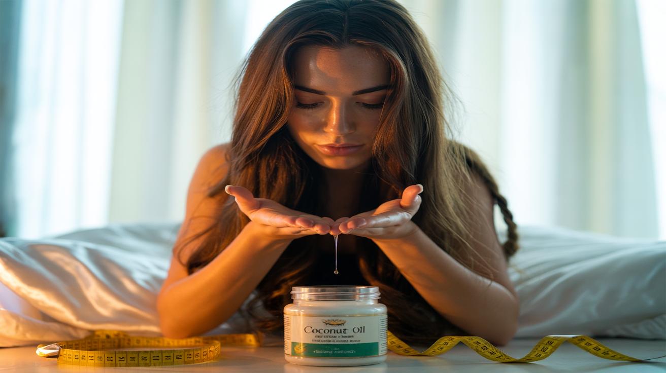 Illustration of coconut oil being applied to hair ends to prevent split ends and promote faster growth