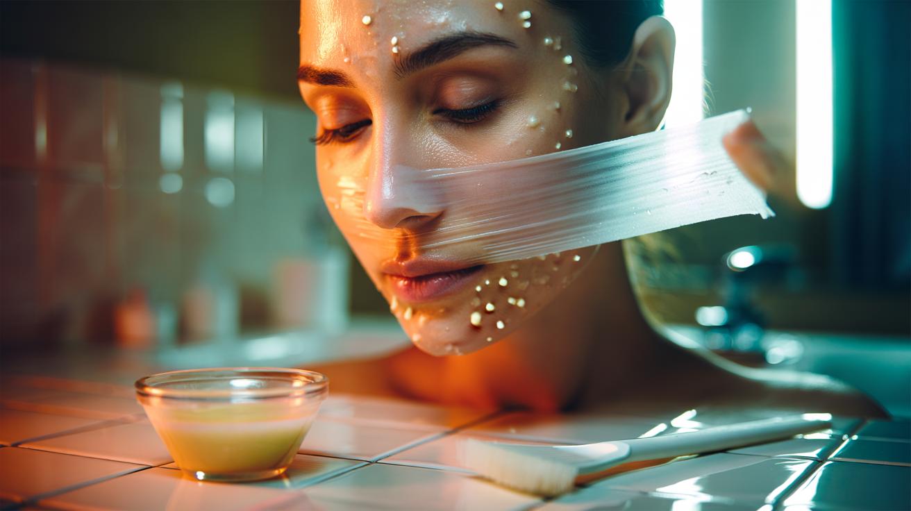 Illustration of a two-ingredient gelatin and milk peel-off mask being applied to the nose and chin to remove blackheads