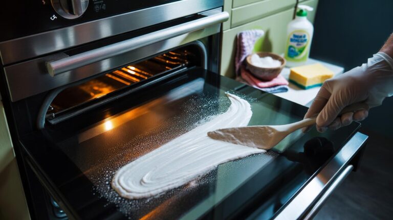 Illustration of a two-ingredient paste of bicarbonate of soda and washing-up liquid being applied to oven door glass to remove five-year baked-on brown stains.