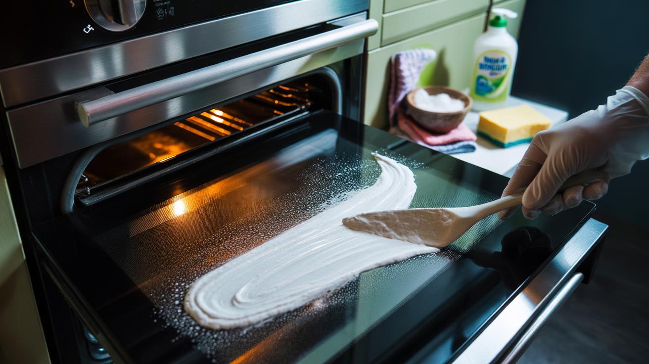 Illustration of a two-ingredient paste of bicarbonate of soda and washing-up liquid being applied to oven door glass to remove five-year baked-on brown stains.