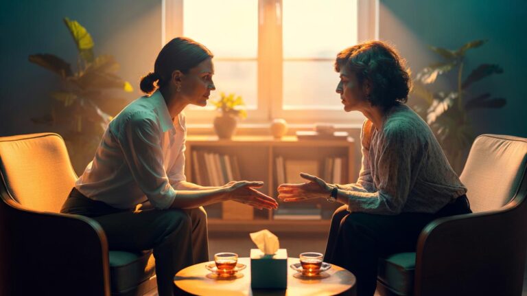 Illustration of a therapist and client in a calm session, with the therapist asking "What feels most important right now?" and "And what else?"