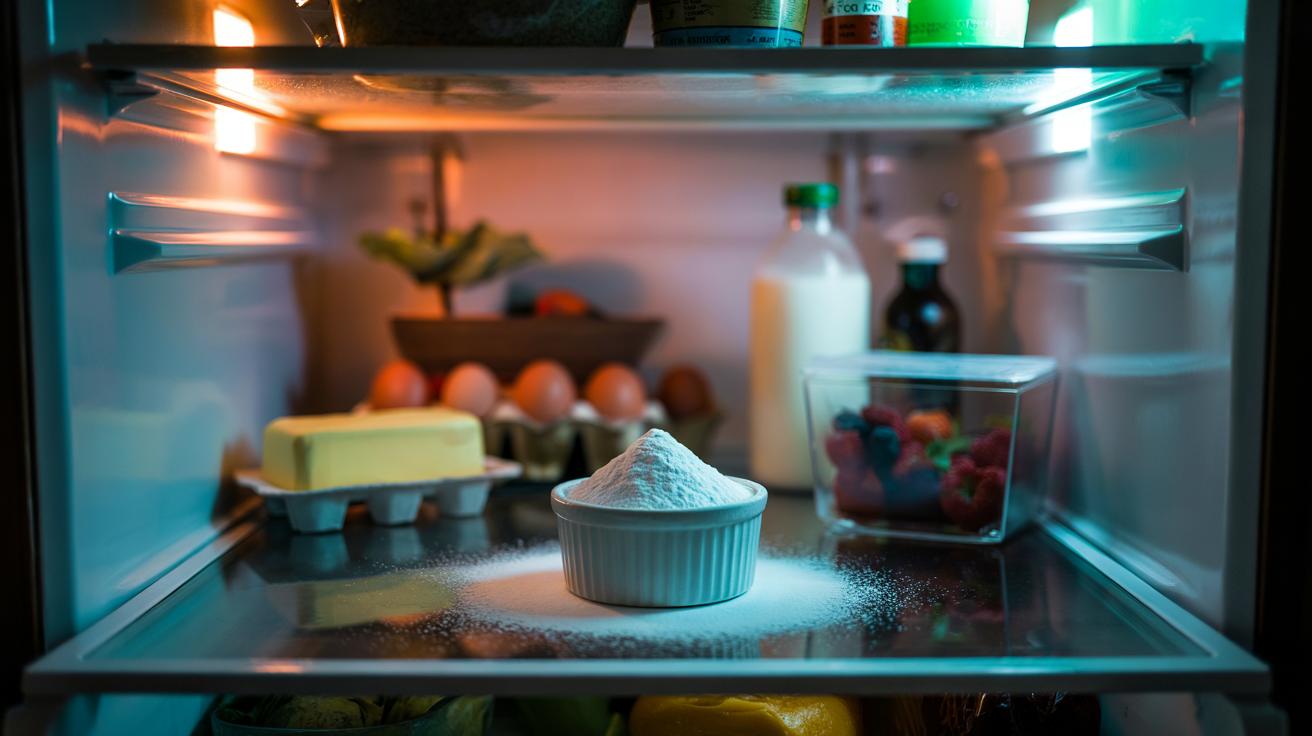 Illustration of an open fridge with a shallow dish of bicarbonate of soda on a shelf to eliminate odours