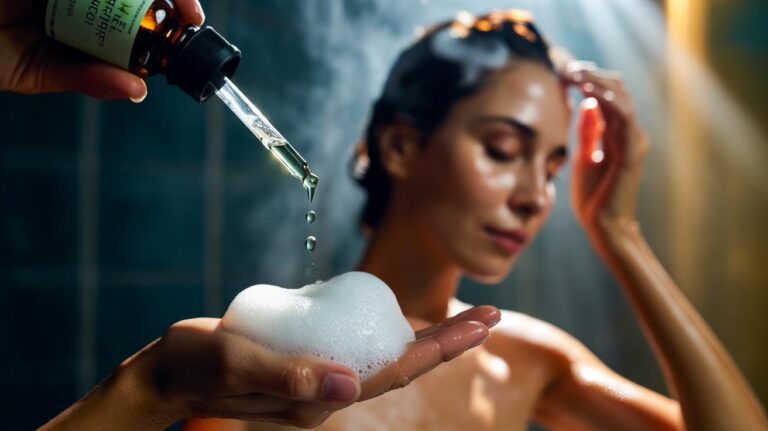 Illustration of adding three drops of tea tree oil to shampoo to end dandruff flakes in one wash