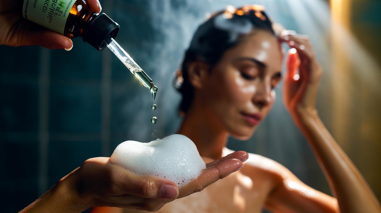 Illustration of adding three drops of tea tree oil to shampoo to end dandruff flakes in one wash