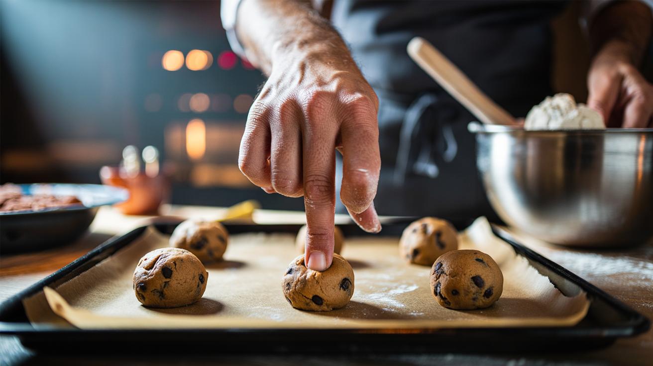 Illustration of a baker using three fingers to size cookie dough balls on a lined baking tray without a scale