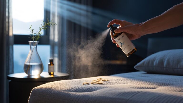 Illustration of a person lightly misting a mattress with a three-ingredient spray (isopropyl alcohol, tea tree oil, and water) to reduce dust mites while preparing the bed for sleep