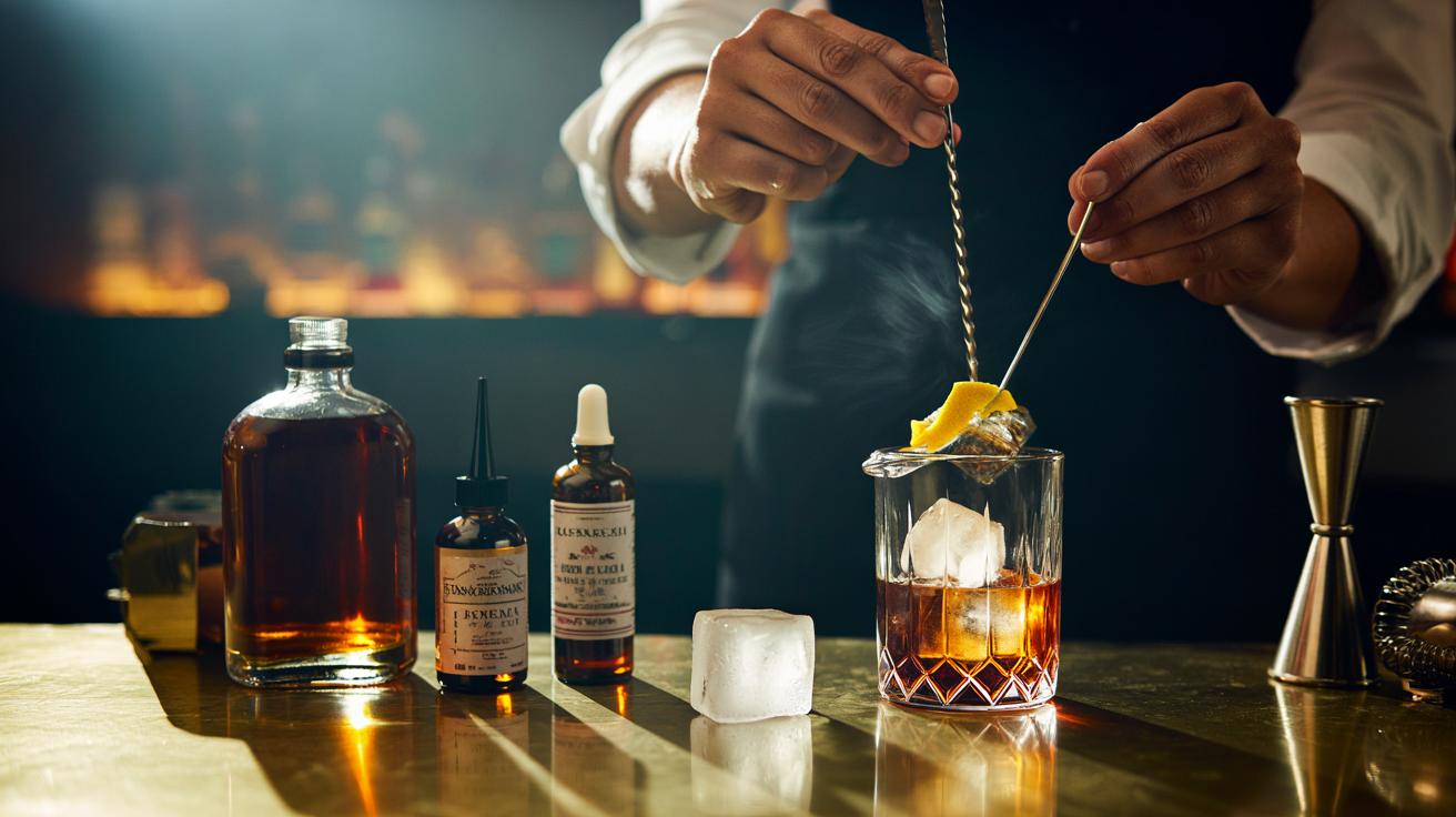 Illustration of a mixologist stirring a three-ingredient cocktail—spirit, sweetener, and bitters—over ice