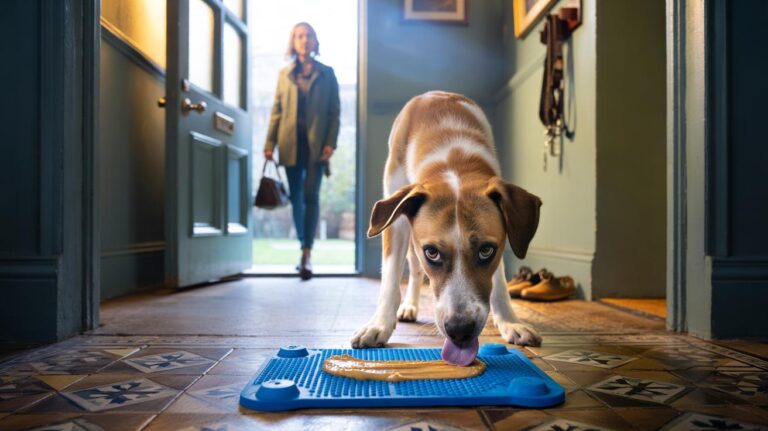 Illustration of a dog calmly licking a £3 silicone lick mat while the owner prepares to leave, easing separation anxiety