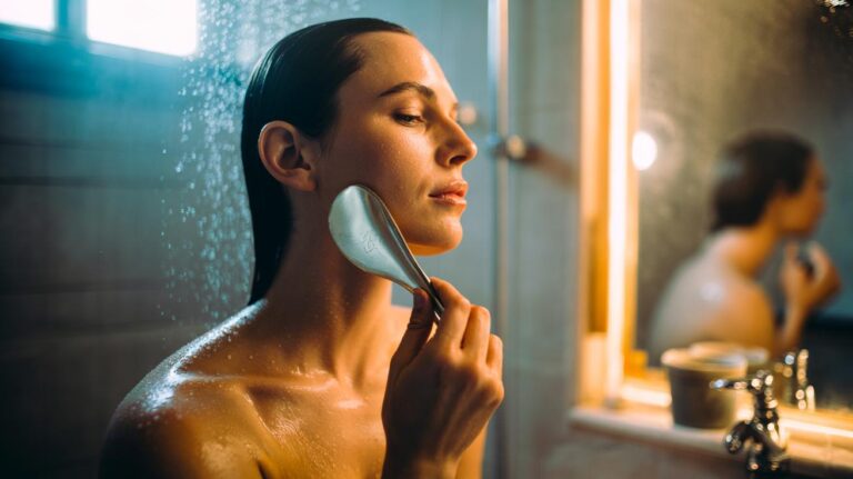Illustration of a person using a gua sha tool in a steamy shower for a 30-second routine to drain facial puffiness before coffee