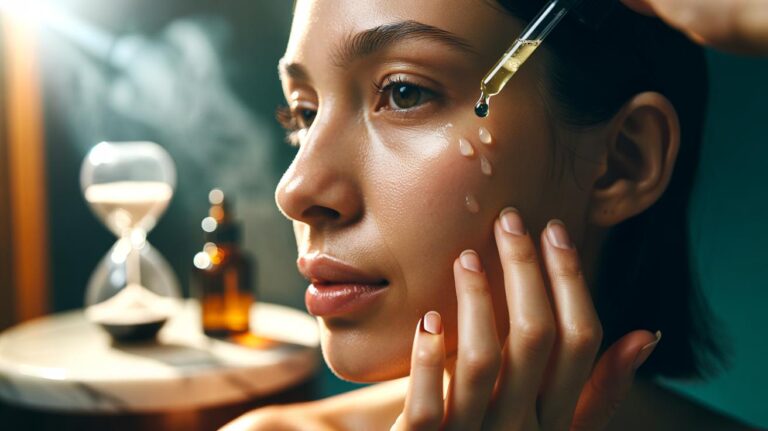 Illustration of the 4-4-4 skincare rule: 4 drops, 4 pats, wait 4 minutes for perfect absorption