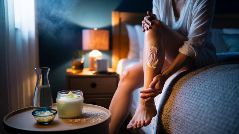 Illustration of a person massaging a £4 magnesium butter rub into their calves at bedtime to relieve night-time leg cramps