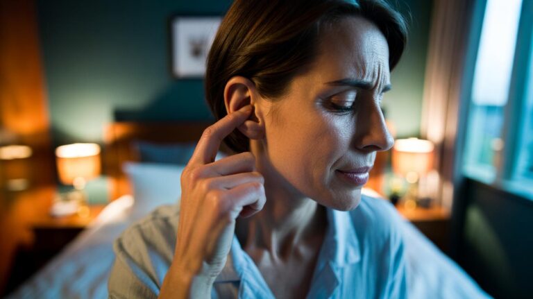 Illustration of a person gently pulling their outer ear to ease sinus pressure and reduce snoring before sleep