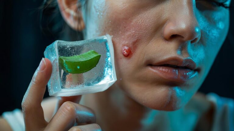 Illustration of a frozen aloe vera gel cube wrapped in gauze being applied to an inflamed facial pimple to quickly reduce redness and swelling