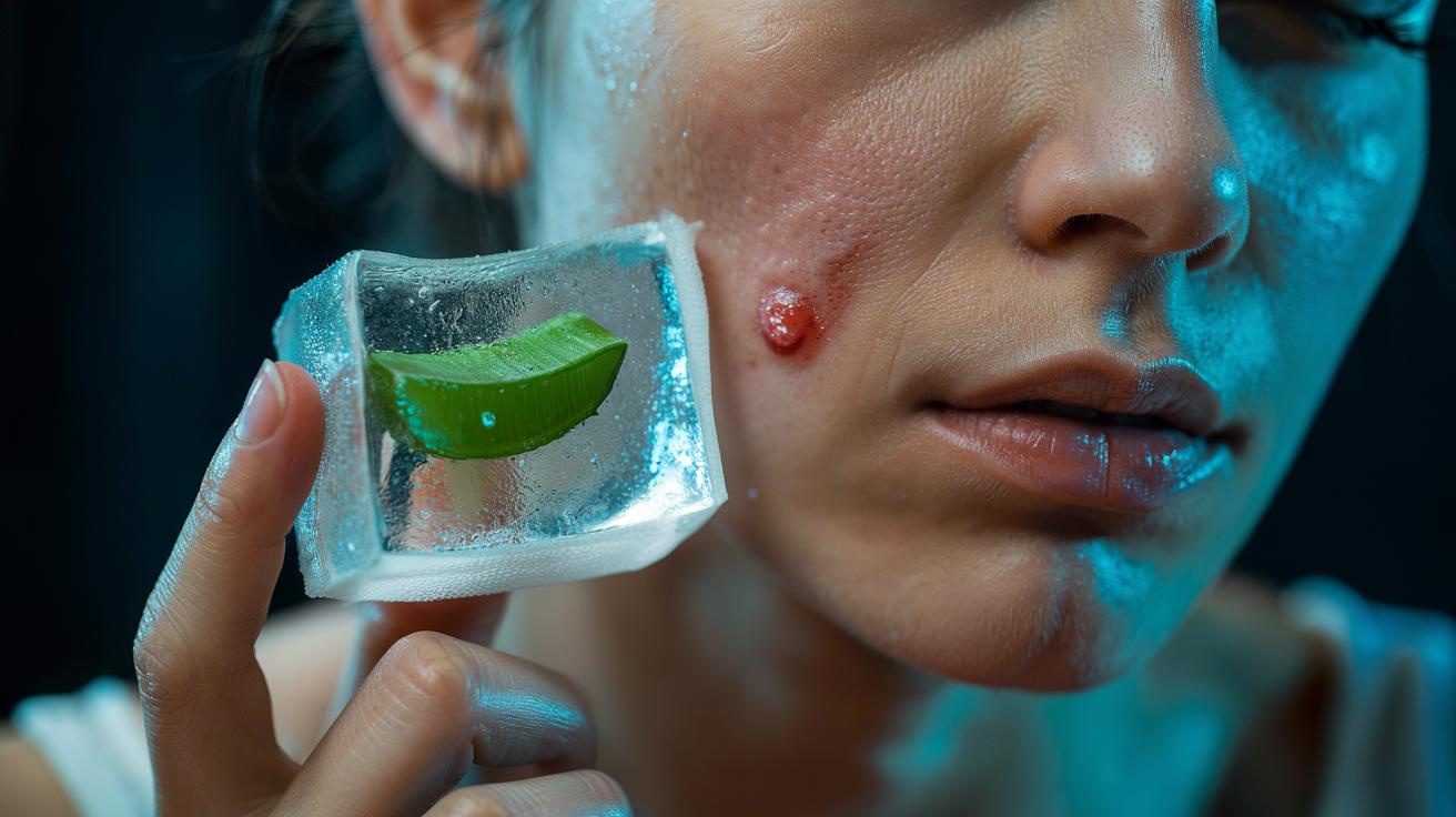 Illustration of a frozen aloe vera gel cube wrapped in gauze being applied to an inflamed facial pimple to quickly reduce redness and swelling