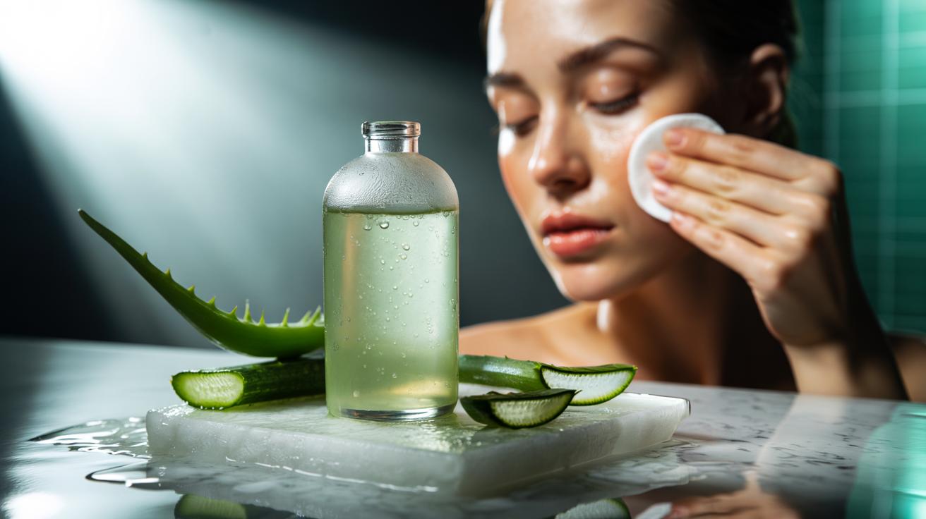 Illustration of an aloe and cucumber juice toner in a chilled glass bottle with cucumber slices and aloe vera leaves for instant pore-tightening