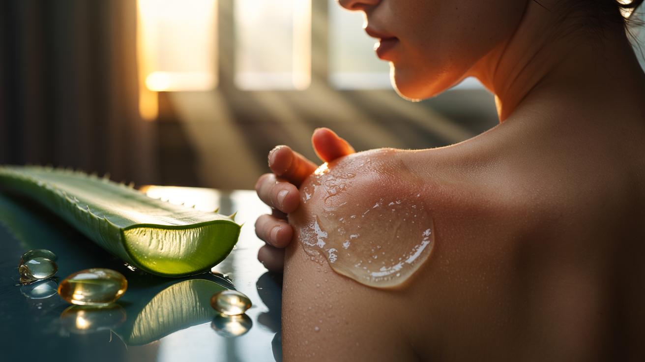 Illustration of aloe vera gel with vitamin E being applied to sunburned skin to soothe inflammation and aid skin cell regeneration