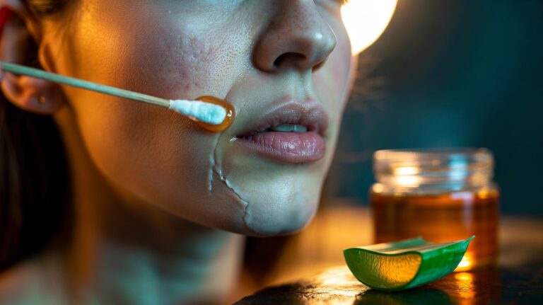 Illustration of aloe vera gel and honey being applied to cracked corners of the mouth