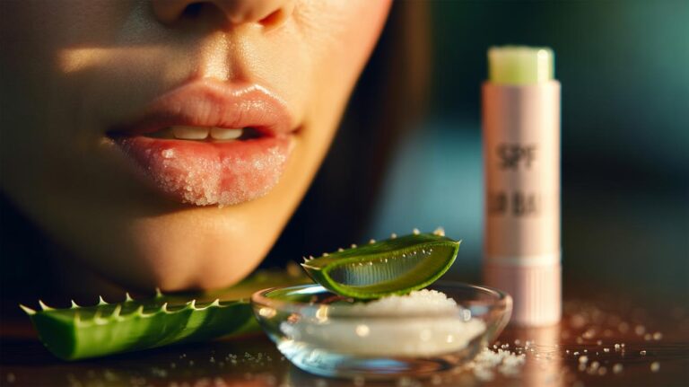 Illustration of gentle exfoliation of lips using an aloe vera and fine sugar scrub to reduce lip darkness