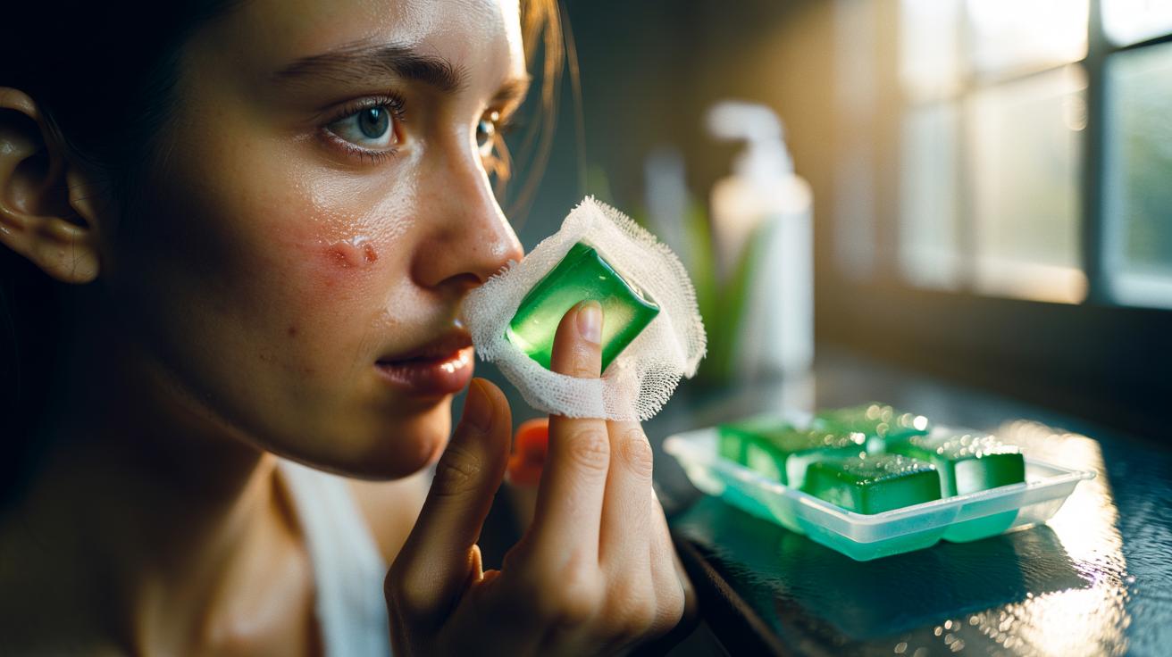 Illustration of aloe vera gel frozen into ice cubes being applied to a facial spot to reduce swelling and redness