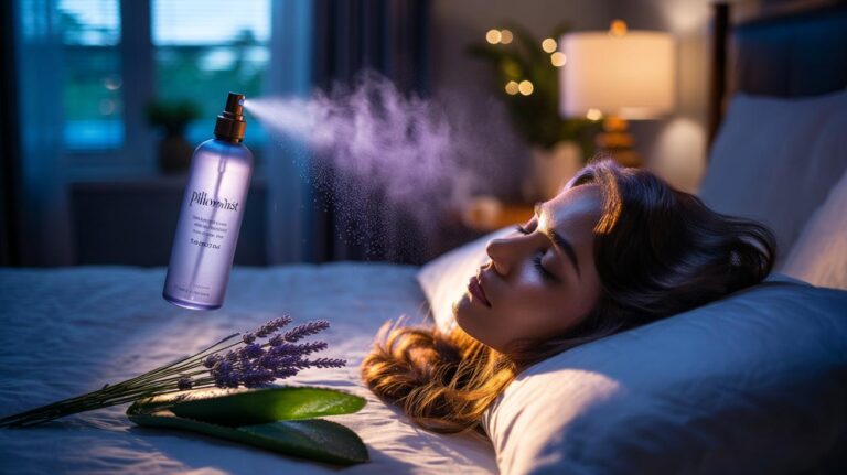 Illustration of an aloe vera and lavender pillow mist being sprayed onto a pillow to prevent hair frizz overnight