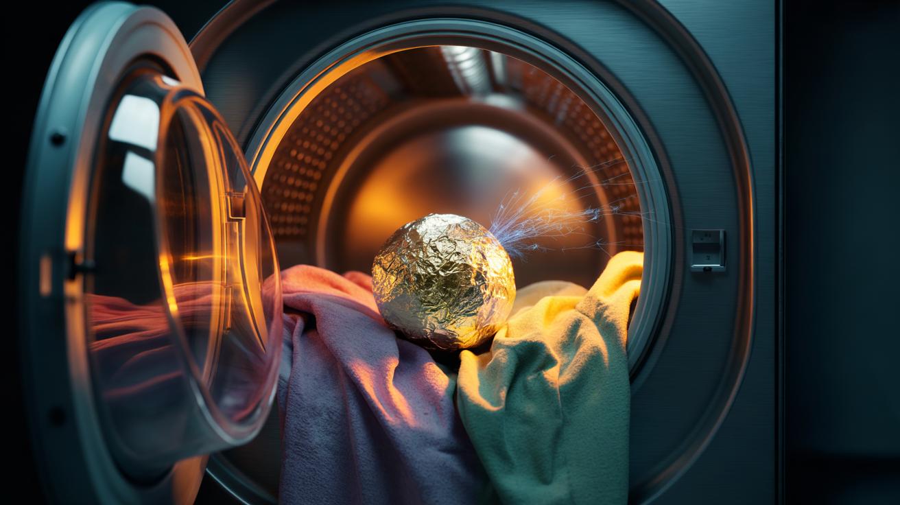 Illustration of an aluminium foil ball in a tumble dryer with laundry, reducing static cling in about 10 minutes