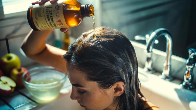 Illustration of an apple cider vinegar hair rinse balancing scalp pH to reduce dandruff and add shine