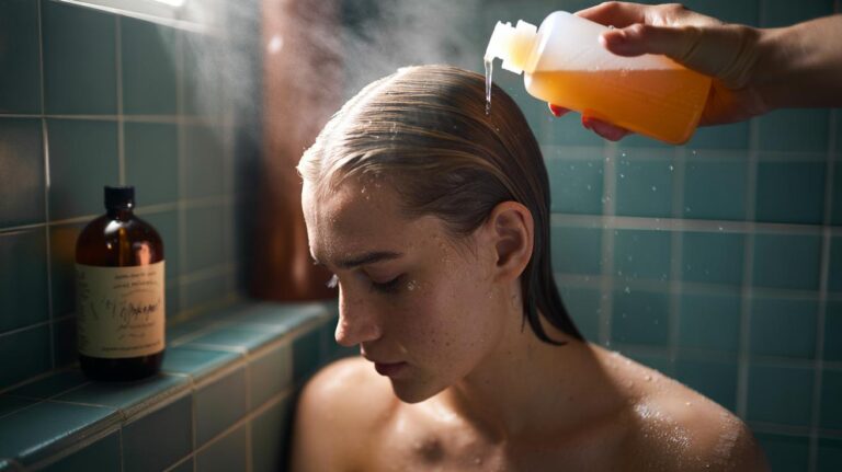 Illustration of a diluted apple cider vinegar rinse being poured onto the scalp in the shower to rebalance pH and reduce dandruff flakes