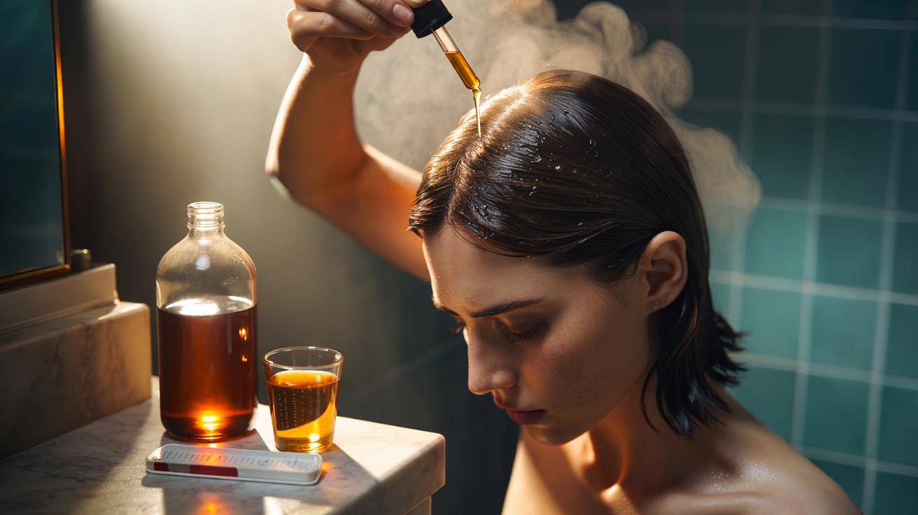 Illustration of an apple cider vinegar hair rinse applied to an itchy scalp to restore pH balance