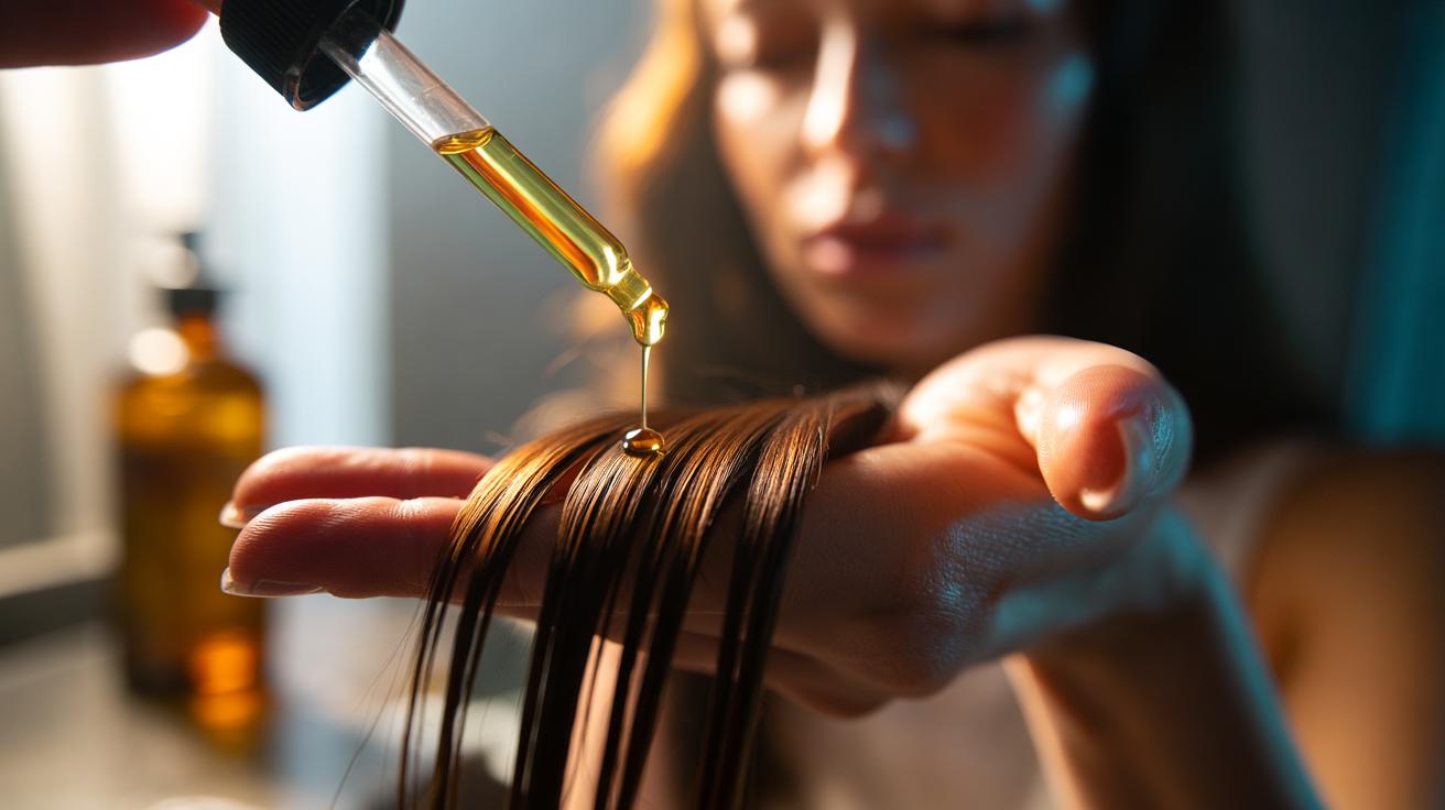 Illustration of argan oil being applied to hair ends to seal cuticles and prevent split ends