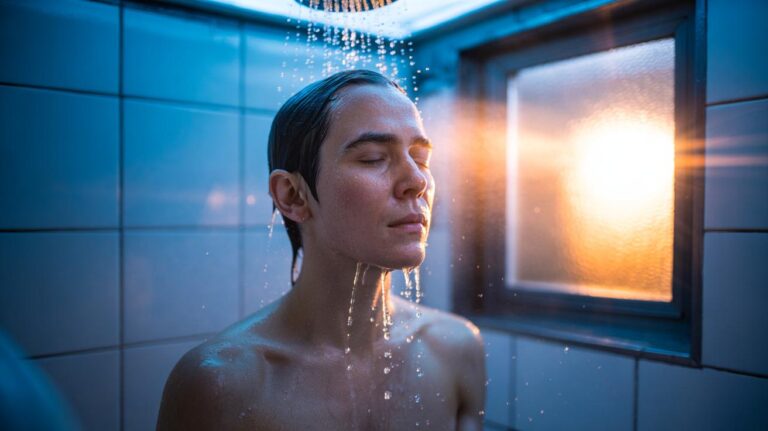 Illustration of a person taking one cold shower as part of a daily routine to boost alertness, metabolism, and mood