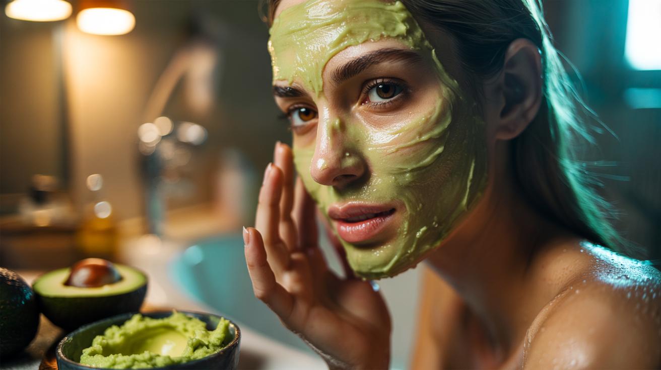 Illustration of a person applying an avocado mash mask to dry facial skin to lock in moisture all day