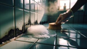 Illustration of the effervescent reaction of baking soda and vinegar lifting black mould from bathroom tile grout