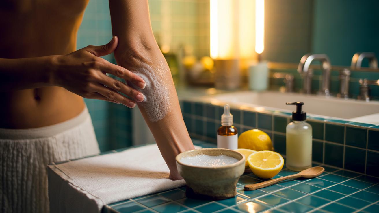 Illustration of baking soda and lemon paste being applied to underarm skin to gently lighten surface darkness
