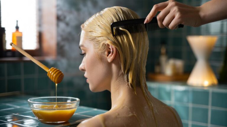 Illustration of a banana and honey pre-wash mask being applied to bleach-damaged blonde hair for a 20-minute treatment
