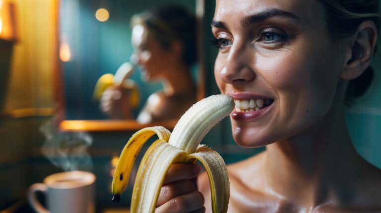 Illustration of a person gently rubbing the inner side of a banana peel on their teeth to lift surface stains with mild fruit acids