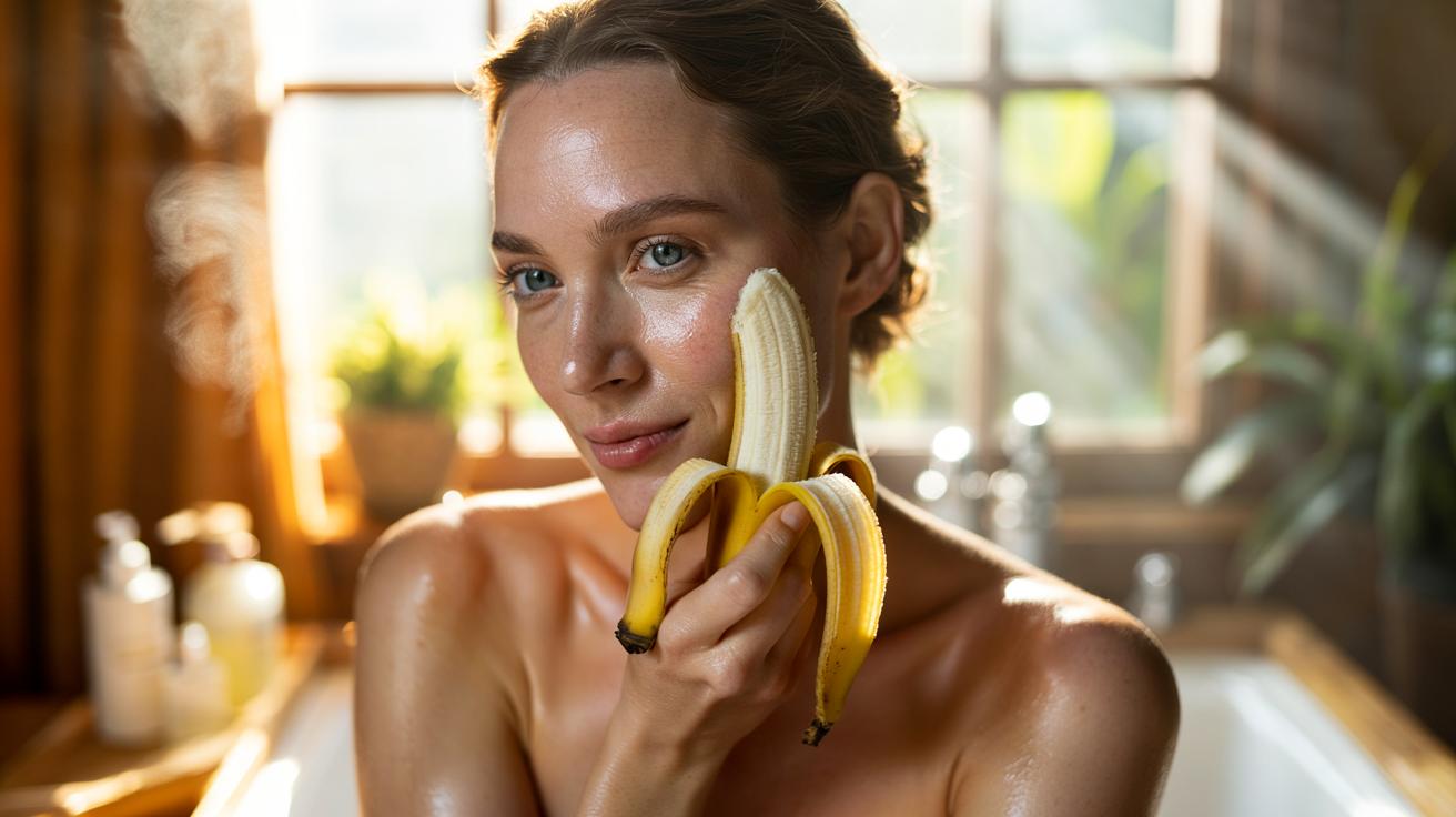 Illustration of a person gently rubbing the inner side of a banana peel on their face to brighten a dull complexion