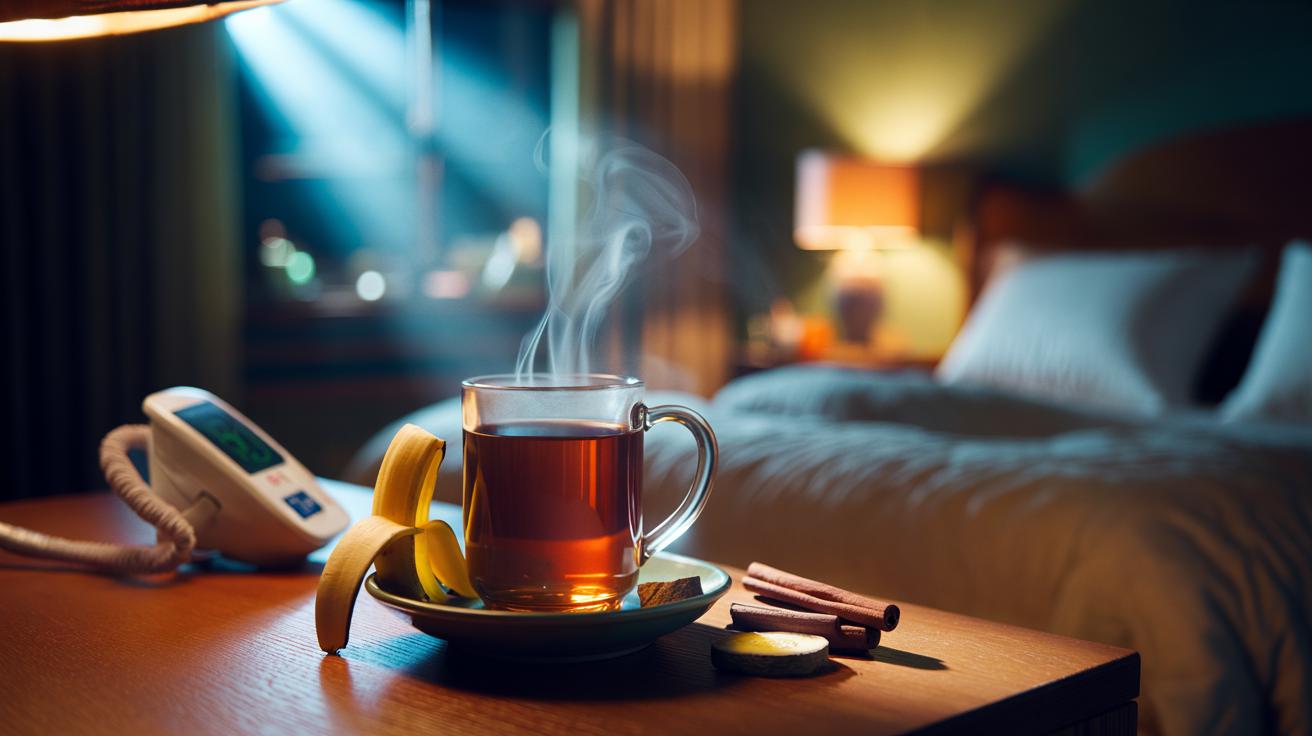 Illustration of banana peel tea brewed from washed banana peels in a mug, depicted as a bedtime drink linked to blood pressure support and sleep