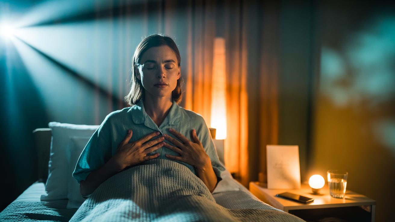 Illustration of a person lying in bed by soft lamplight, practicing bedtime affirmations and slow breathing to ease anxiety and prepare for sleep