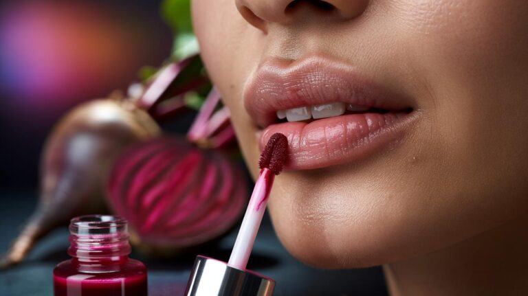 Illustration of a beetroot-based lip stain being applied to lips, giving a natural berry flush while maintaining hydration without drying