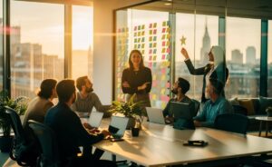 Illustration of boosting happiness at work through psychological safety, autonomy, fair recognition, visible progress, and shared purpose