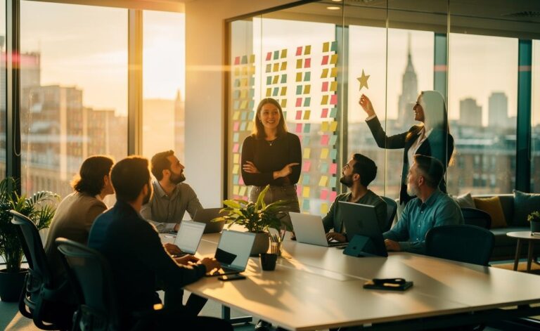 Illustration of boosting happiness at work through psychological safety, autonomy, fair recognition, visible progress, and shared purpose